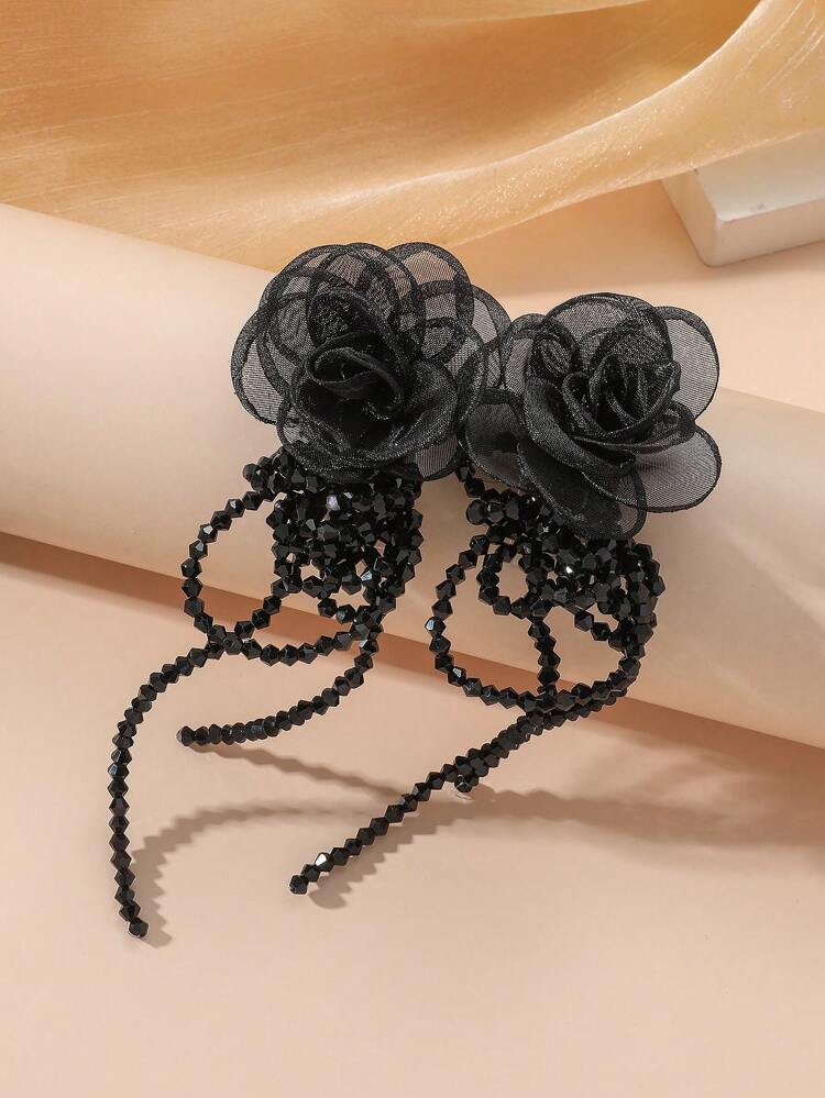 Roosvormige nylon hangende oorbellen met zwarte kralen en oorknopjes party kerst