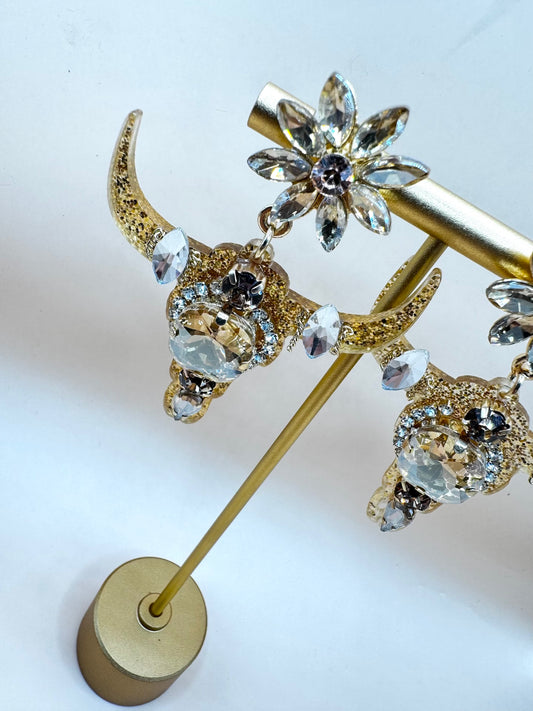 Bully oorbellen met gekleurde strass stenen en diamanten bloem hangend Ibiza style 
